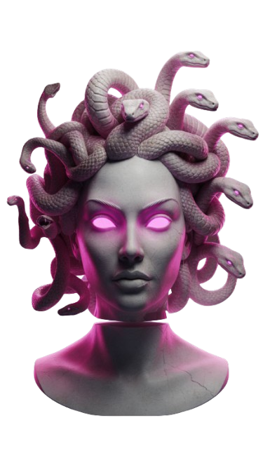 Escultura digital de Medusa iluminada em rosa neon — arte visual da Rdesign